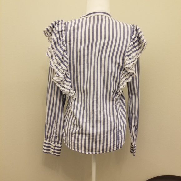 Stripe Ruffle eyelet button down collarless shirt - Picture 3 of 4